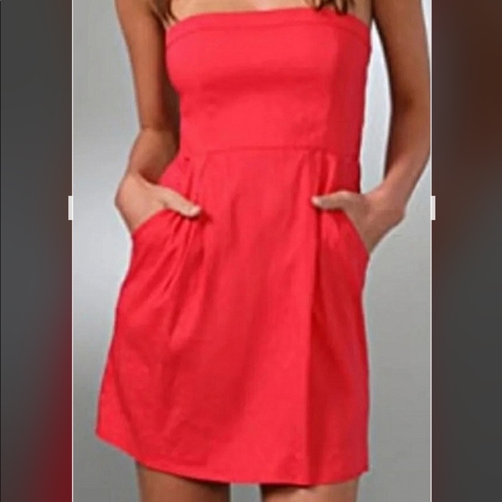NWT Theory Tyrah Crunch Linen Strapless Dress Pockets Pink 💕Watermelon 🍉 Coral